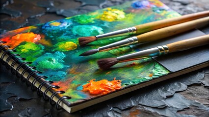 Obraz premium Art Palette Notebook with Paint Brushes in a Natural Outdoor Setting