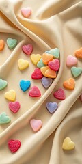 Assorted Colorful Candy Hearts Spread Across Soft Beige Fabric
