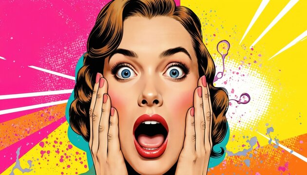 Pop art illustration of surprised woman with wide blue eyes, open mouth. Retro comic style features bold colors like yellow, pink, halftone dot patterns. Emphasizes shock, amazement, vintage fashion.