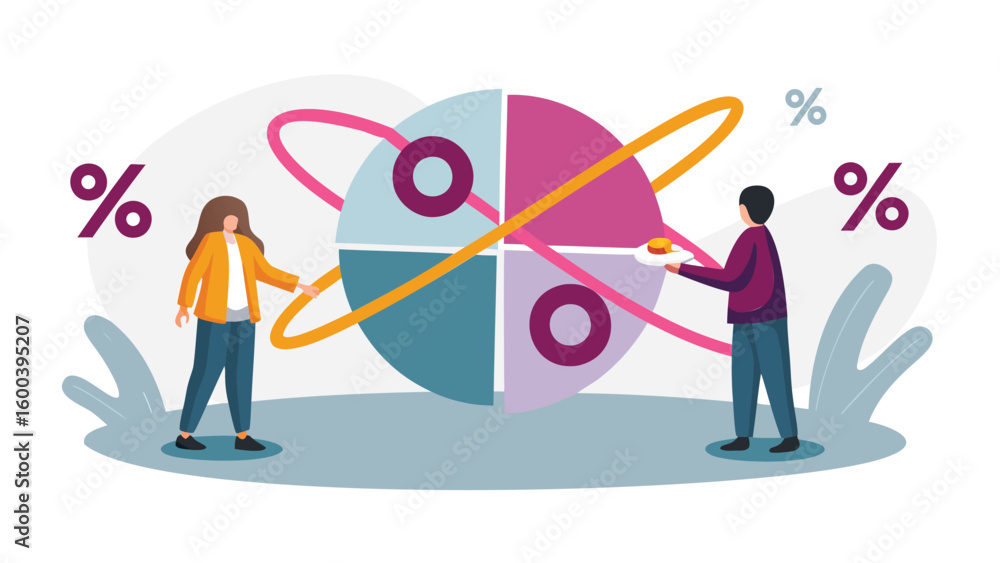 Poster people presenting a pie chart with percentage signs and orbiting lines in a modern design style