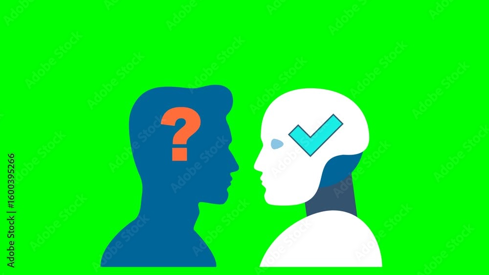 Poster artificial intelligence vs human in thinking work process. robot and man. ai vs human mind, question