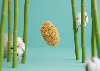 Floating loofah sponge among bamboo stalks and cotton balls