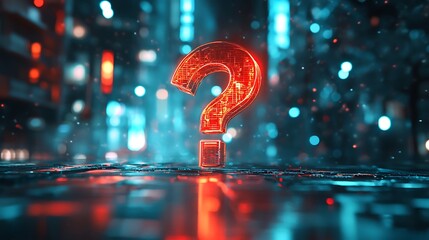 Red digital question mark glowing in futuristic cyber space background
