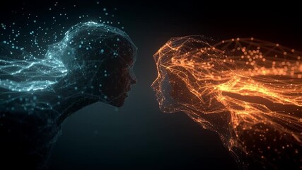 Mystical Encounter: Two ethereal silhouettes, composed of radiant particles, face each other against a dark, enigmatic backdrop, evoking themes of connection, duality, and the intangible.