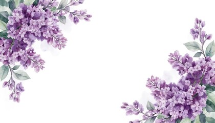 Beautiful watercolor illustration features soft lilac blossoms in corner arrangements against clean white background. Delicate floral design suitable for greeting cards, invitations, or elegant decor.
