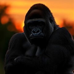 A powerful gorilla stands with arms crossed at sunset