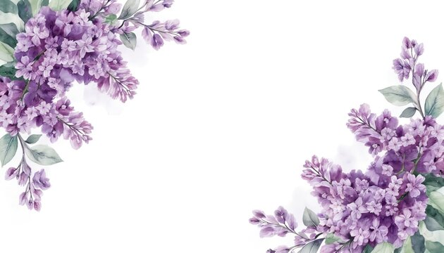 Fototapeta Beautiful watercolor illustration features soft lilac blossoms in corner arrangements against clean white background. Delicate floral design suitable for greeting cards, invitations, or elegant decor.