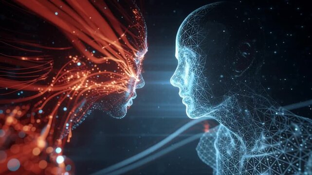 Digital Realms of Connection: In a futuristic realm, two digitized ethereal forms face each other, red and blue, a captivating expression of duality, connection, and the merging of worlds. 