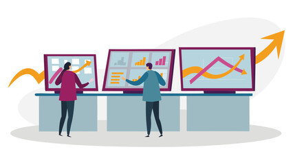 Fototapeta premium Two people analyzing financial data on multiple screens displaying upward trending graphs and charts