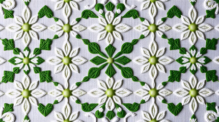 geometric floral tile pattern in green white and gray with abstract repetitive design