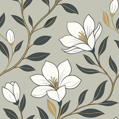 Elegant seamless pattern featuring white magnolia flowers and dark leaves on a muted grey background with gold accents