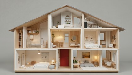 Cross-section of detailed dollhouse model, revealing multiple furnished rooms with modern interior design. Features include wooden structure, stairs, living area, kitchen, bedrooms, bathrooms. Offers