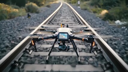 A drone hovers above railway tracks extending into the distance, blurring the background - Powered by Adobe