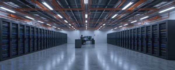 Modern data center filled with server racks, storage systems, backup units. Technicians monitor operations from control room using advanced tools, ensuring digital infrastructure security, business