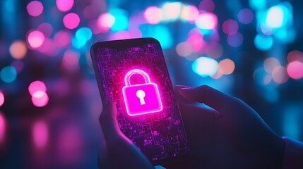 Cybersecurity concept with smartphone showing pink lock symbol and digital data background
