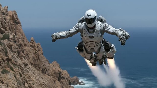 Prototype flying suit testing over ocean cliff