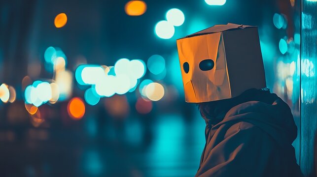 Mysterious person wearing box mask leaning against wall at night in city lights