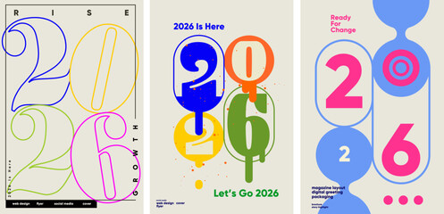 Fototapeta na wymiar Creative 2026 posters with outlined and dripping number styles, playful layouts, and upbeat messages like “Let’s Go” and “Ready for Change” for flyers, covers, and greetings.
