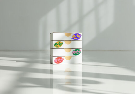 Mockup of A stack of four neatly arranged cardboard boxes