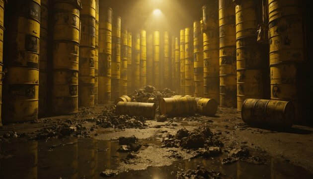 Rows of yellow radioactive waste barrels stored underground. Nuclear waste repository contains hazardous, toxic, poisonous, chemical materials in drums. Environment protection, industrial