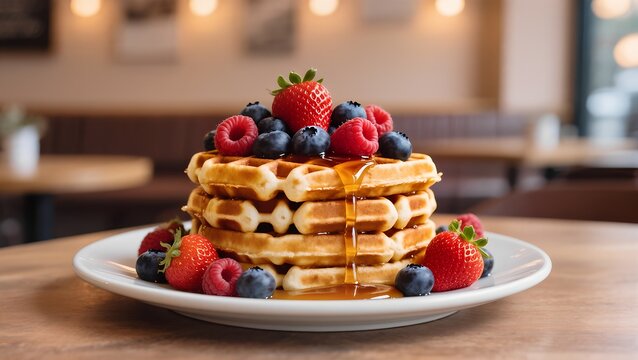Waffles topped with mixed berries and syrup, warm sweet breakfast on white plate