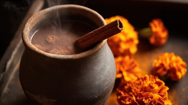 Mexican Independence Day: Close-Up of a Steaming Clay Mug with Rich Mexican Hot Chocolate and Cinnamon, Framed by Vibrant Marigold Petals, bathed in Warm Golden Light, Inviting Cozy Autumn Feel