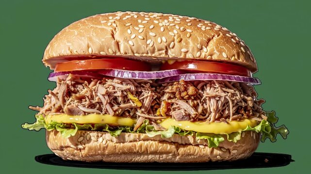Stacked pulled pork burger with onion, tomatoes and lettuce, on green backdrop