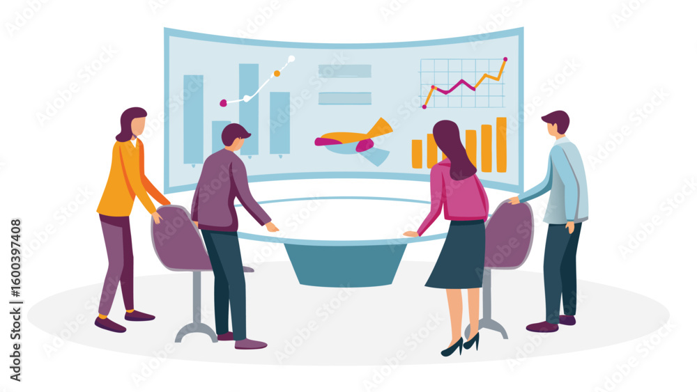 Aufkleber people discussing charts and graphs around a table in a business meeting presentation room setting