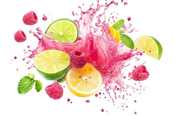Vibrant Splash of Citrus and Berries with Fresh Mint Leaves on Black Background