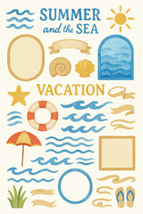 Textured illustrations and frames set for summer and the sea Decorations, ornaments, ribbons, summer vacation, watercolor style, waves