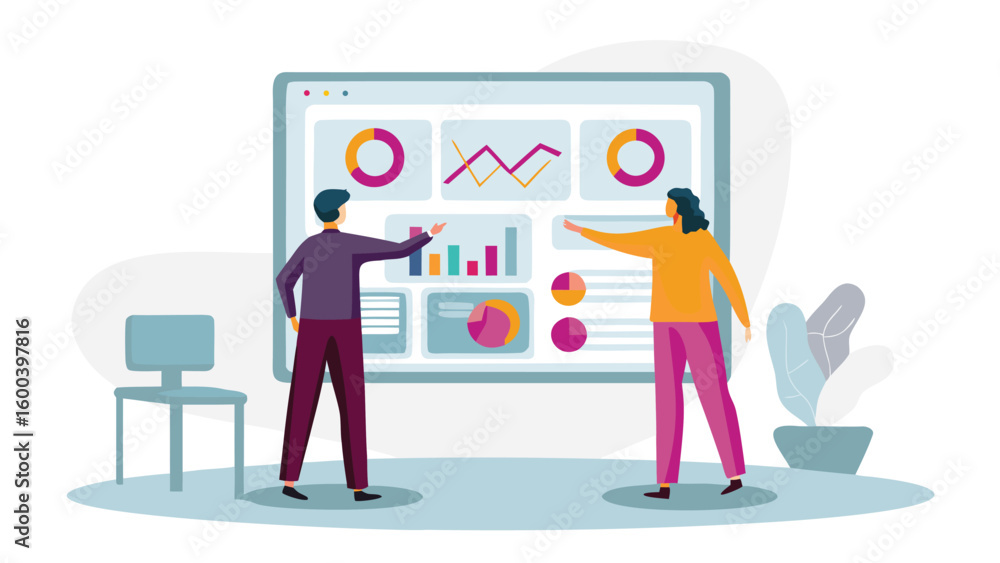 Poster two people discussing data analytics and charts on a large screen in a modern office space