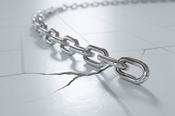 Minimalist 3D metal chain with one link broken lying on a flat white floor representing emotional detachment or broken bond soft clean shadow and light balance.