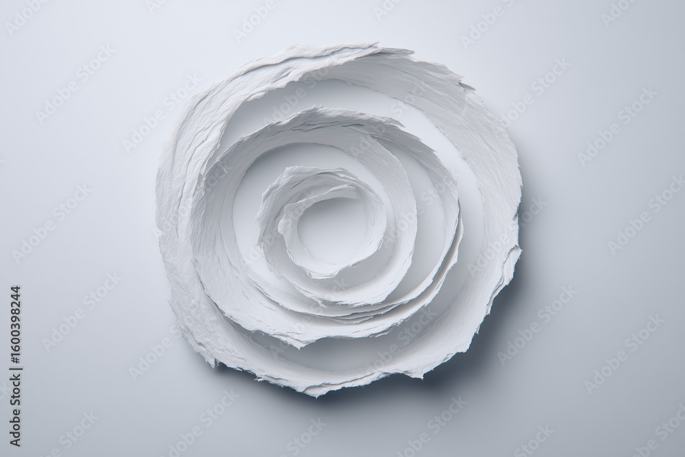 Fototapete Minimalist 3D white paper torn into a spiral motion placed on a clean surface representing emotional unraveling or mental loops soft ambient light matte texture