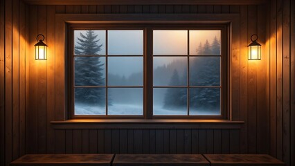 Cozy winter evening view through a frosted window with warm wall sconces