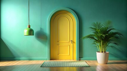Vibrant Yellow Door on Green Wall with Palm Shadows
