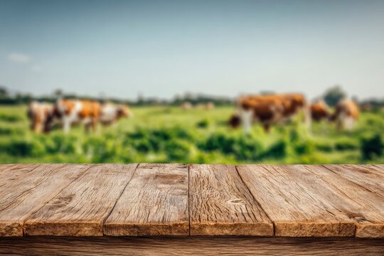 Wooden table foreground blurred cows in green field background