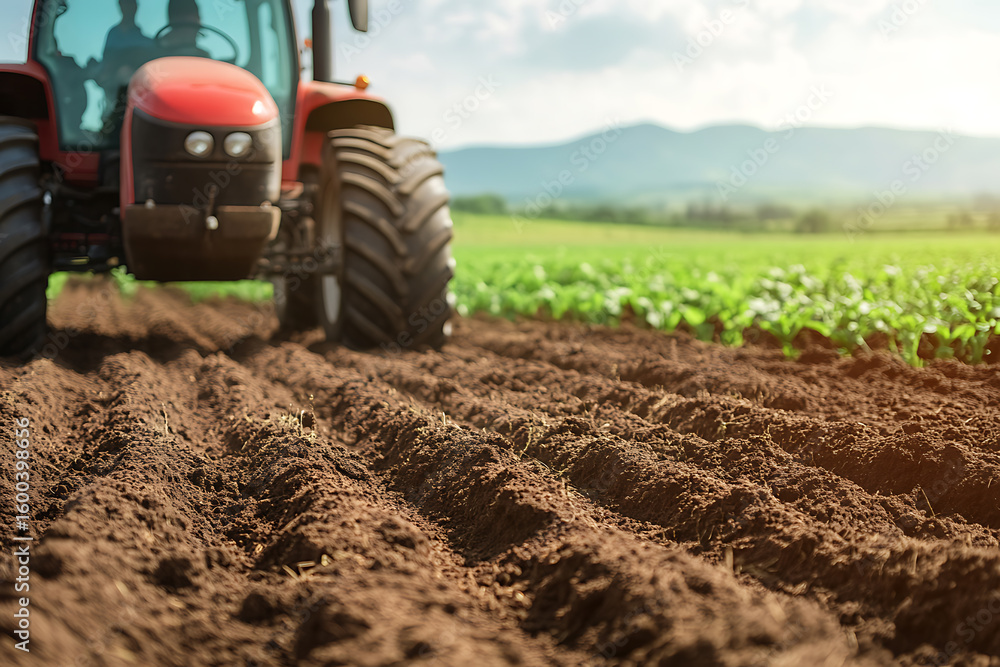 Poster tractor working on a field with tilled soil and crops in the background