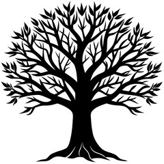 Fototapeta premium Stylized Tree with Leaves and Branches in Black Silhouette