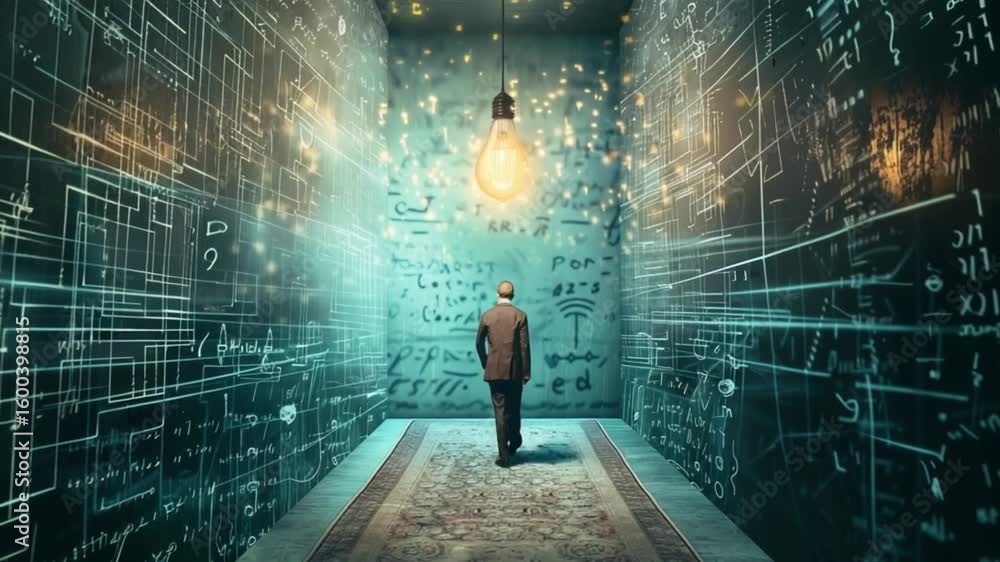 Poster abstract corridor with formulas and a man