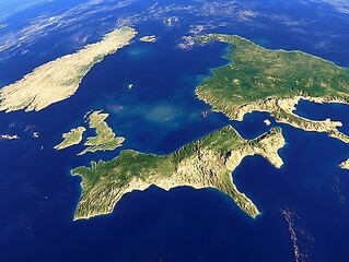 A rendered satellite view of several landmasses surrounded by ocean