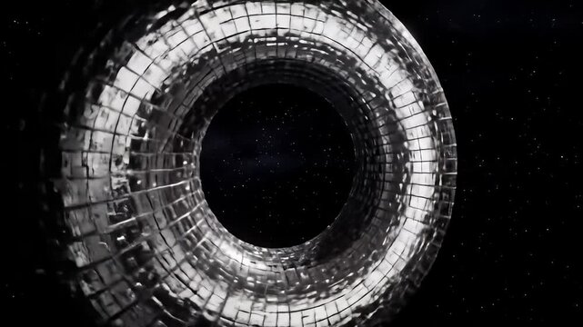 A ring-shaped object composed of repeating square segments orbits in deep space