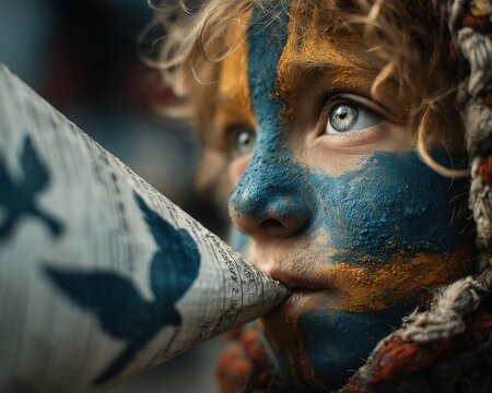 Intense Close-Up of Child with Ukrainian Flag Face Paint Speaking into Dove Megaphone: A Cry for Peace