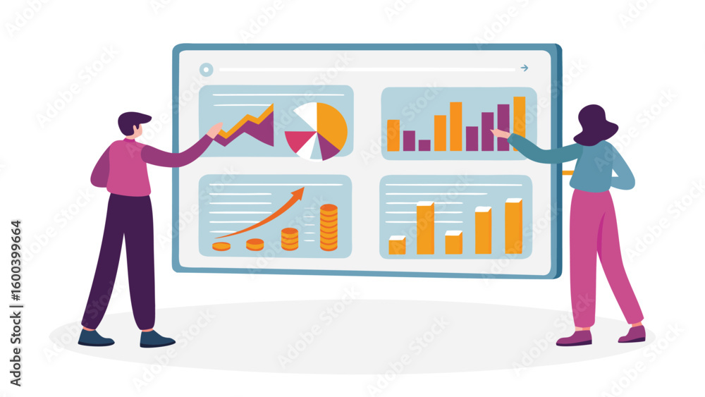 Poster two people presenting data charts and graphs on a large screen for business analysis and insights