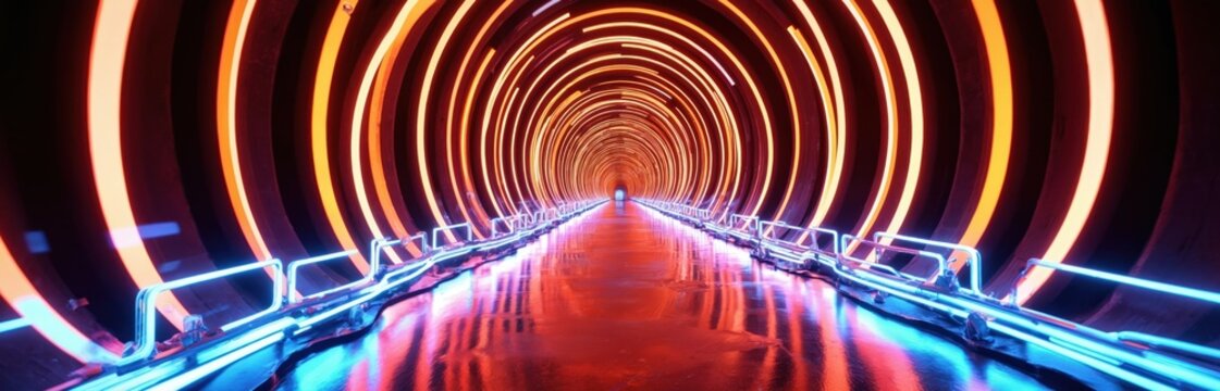 Futuristic tunnel with glowing orange circular lines, blue neon rails. Seamless 3D rendering with motion blur suggests speed, luxury. Abstract background with radial light effects, reflections on