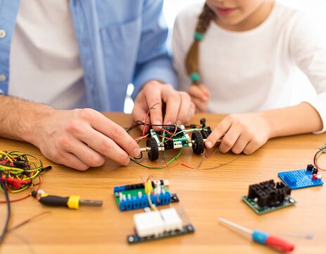 Father and daughter bonding while building a robot at home. STEM education, parenting, and technology learning concept.