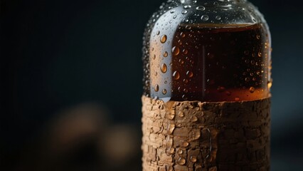 Close-up of a bottle with condensation, featuring a cork stopper and dark liquid inside.