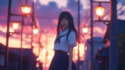 Fototapeta premium Young woman in school uniform sunset cityscape