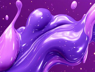 Abstract purple fluid splash with reflective glossy surfaces and droplets