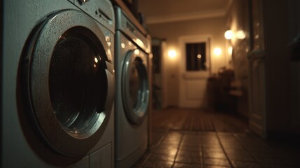 Nighttime Laundry Room Ambiance: Two Washing Machines Glimmering Under Soft Lighting