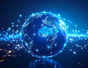 Fototapeta premium Digital lines connecting cities on a globe. Global business, network, and technology communication concept